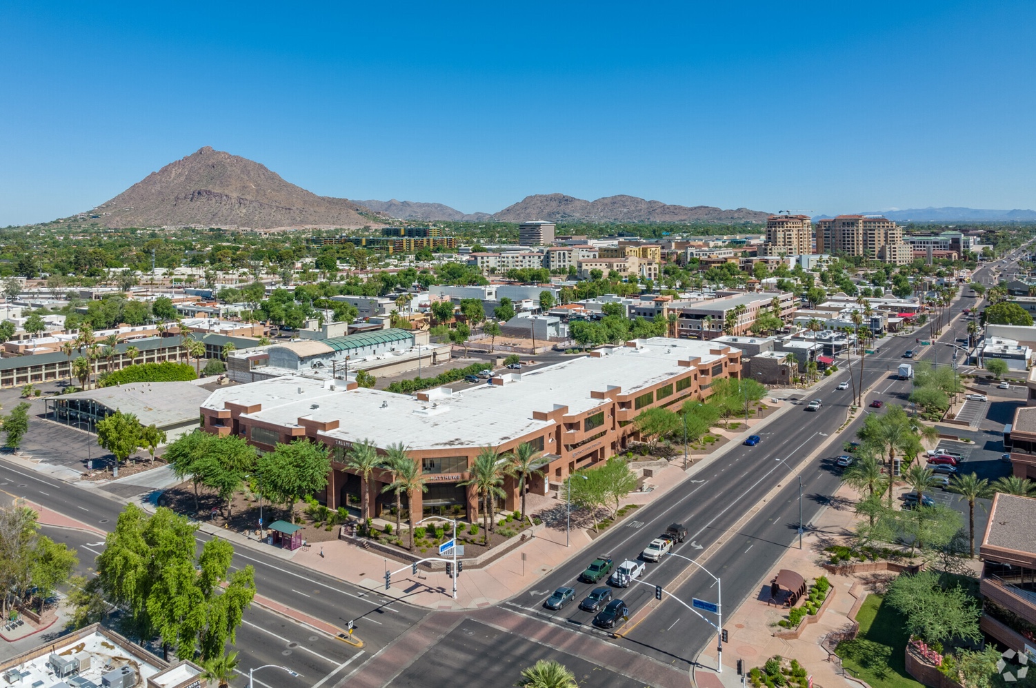 Aerial view of the RJP Scottsdale office in the Scottsdale Financial Center with Camelback Mountain in the background